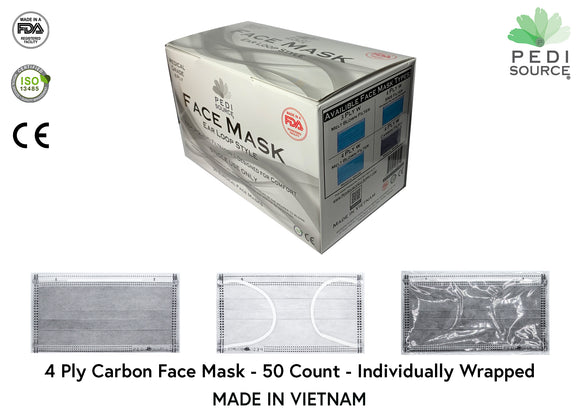 4 Ply Face Mask Carbon - 50 Count Box - Individually Wrapped