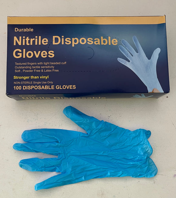 Durable Nitrile - Powder Free, Rubber Latex Free, Non Sterile, Ambidextrous - 100 per box - BLUE